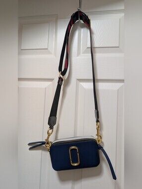 Marc Jacobs Navy Snapshot Bag Blue With Pink Fabric Geometric Strap Black